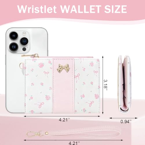 Floral Bow Small Zipper Wallet for Women Girls (BIFOLD-PINK) | Bifold Wallet, Zipper Coin Pocket, ID Window, 5 Card Slots, Removable Wrist Strap - color: BIFOLD-PINK