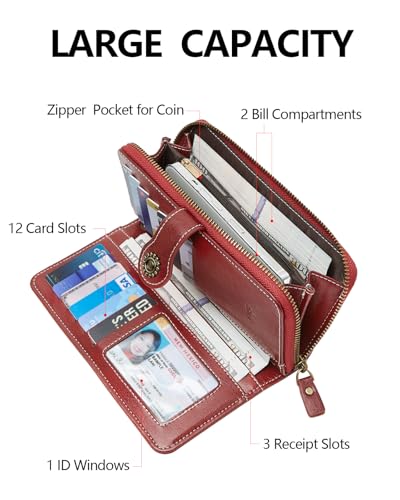 TFKGS Wallet for Women RFID Blocking Leather Large Capacity Card Holder Ladies Phone Clutch Travel Long Purse Wristlet | RFID Blocking - color: 2-Upgrade-Wax-Red