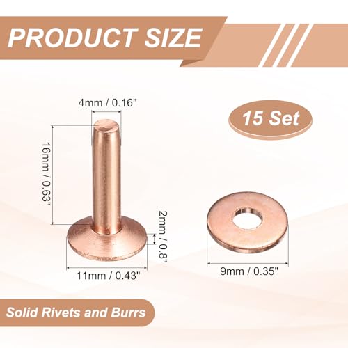 HARFINGTON 15Set Copper Rivets and Burrs Washers 11x4x16mm Dimpled Finish Solid Leather Rivet Fastener Studs Posts for Leather DIY Craft Belts Wallets Collars, Copper Tone - color: Copper Tone, size: 11x4x16mm