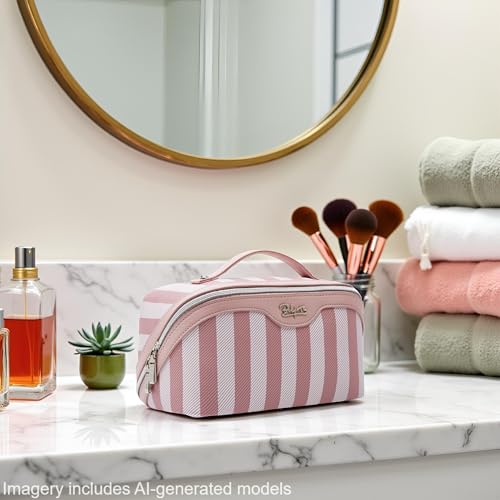 BOYATU Travel Makeup Bag for Women: 3 Pcs Set Striped Make up Bag,Pink | Vegan Leather Cosmetic Bags with Compartments - Waterproof Large Capacity Toiletry Bags - 180° Open-Flat Makeup Organizer - color: A-3-Pink