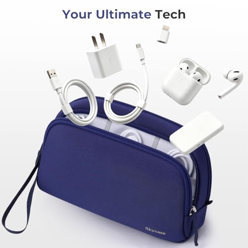 Skycase Travel Cable Organizer - Lightweight Water Resistant Dual-Layer Tech Pouch with Wrist Strap 9 Compartments Electronic Organizer Travel Case for Charger Cord Hard Drive,Large,Blue - color: Blue, size: L