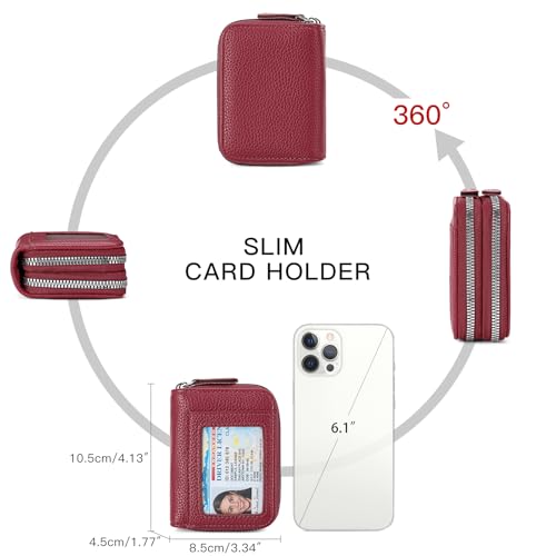 RNIEGA Credit Card Holder Wallet RFID Blocking Leather Small Wallet for Women Double Zipper Wallet with ID Window - color: A-Burgundy