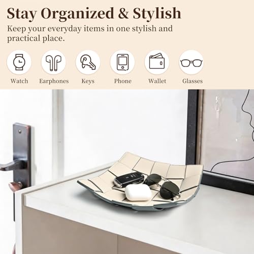 MSJGA Valet Tray PU Leather Key Holder Bowl for Women and Men Entryway Table Nightstand Desk Tray for Wallet, Keys Men's Gift - Beige & Gray, 9.8" L x 9.8" W x 2" H - color: Beige + Gray