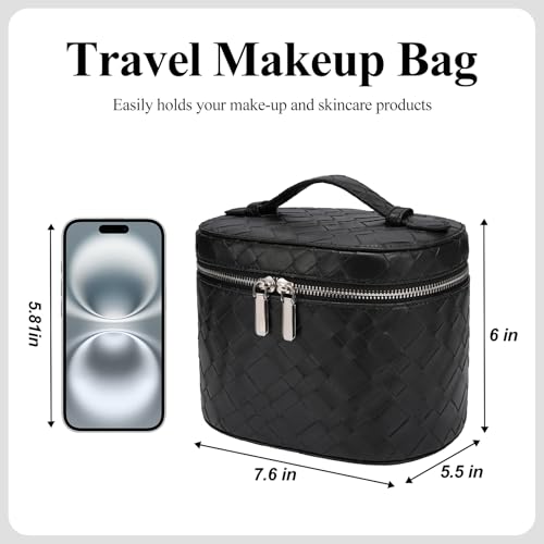honitty Makeup Bag, Travel Make up Case with Compartments and Handle, Portable Cosmetic Organizer Bags,Toiletry Bag for Women - color: Large Weave-black(7.6*5.5*6 in), size: M(7.6*5.5*6 in)