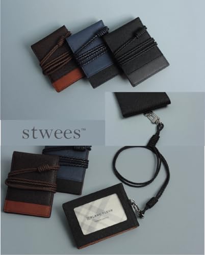 Slim Leather Lanyard Wallet, Folding Card Holder with Snap Button, ID Badge Neck Wallet Set (Two-Tone, Navy) - color: Navy, style: Two-tone