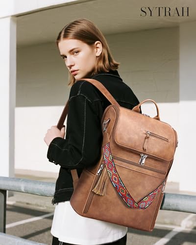 Leather Laptop Backpack for Women 16.5 inch Computer Packs Brown | Vegan Leather Laptop Backpack with Satchel & Tassel, Dedicated 16.5" Laptop Compartment, 13-Pocket Organizer, Travel-Ready - color: Brown