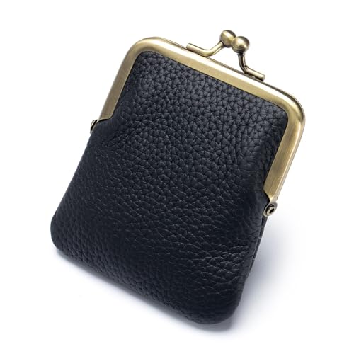 Genuine Leather Kiss Lock Coin Purse, Mini Wallet with Metal Clasp Frame, Small Change Holder, Gift for Women Men, Black - color: Black