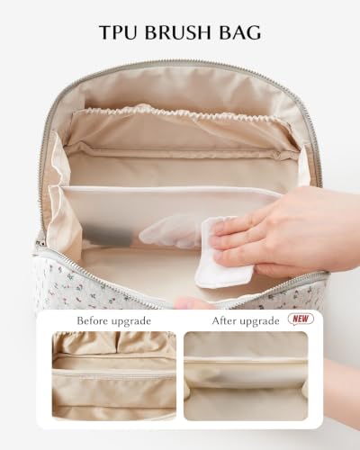 EACHY Makeup Bag, Knitted Floral Cosmetic Bag for Women, 180° Wide-Open Flat Makeup Pouch, Large Capacity Travel Toiletry Bag with Divider and Handle - color: CG-Gray Floral, size: Medium