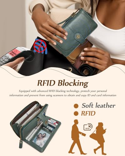 TFKGS Wallet for Women RFID Blocking Leather Large Capacity Card Holder Ladies Phone Clutch Travel Long Purse Wristlet | RFID Blocking - color: 1-Green
