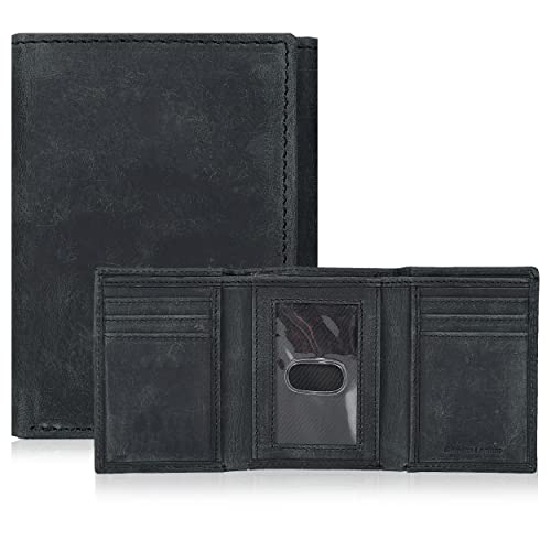 Trifold Leather Wallet for Men - RFID Slim Minimalist Front Pocket 6 Slots - color: Hunter Black
