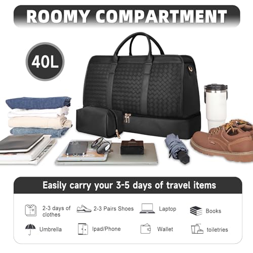 Bolosta Travel Duffle Bag for Men Women, PU Leather Duffel Bag for Traveling, Large Carry on Weekender Overnight Bag with Shoe Compartment, Perfect for Travel/Daily Use - color: C-Black