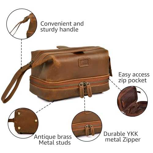 LEATHER VILLAGE Leather Toiletry Bag for Men, Travel Dopp Kit Shaving Bag | Full grain buffalo leather, two zip compartments, 9.6x5.5x5.1 in, YKK zippers, water-resistant lining, shaving kit- Tan - color: Sun Tan