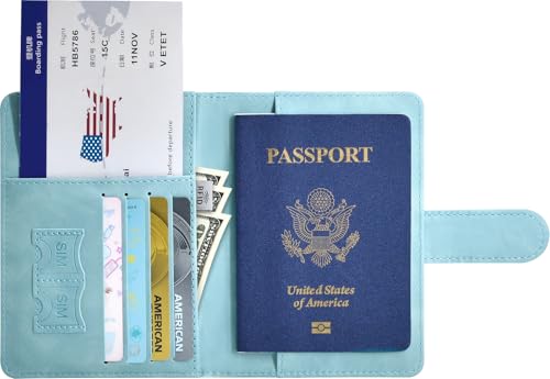 Passport Holder, Passport Cover with Credit Card Slot and Boarding Pass Slot Combo, Passport Wallet Case Book Travel Must Have, RFID Blocking Leather Travel Accessories, Light Blue - color: Light Blue