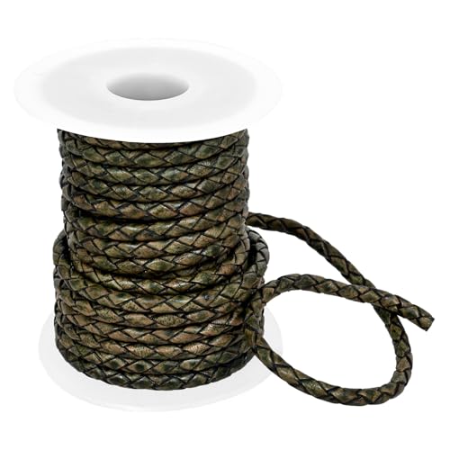 GENIQUE Real/Genuine Round Braided Leather Cord String Rope Folded, Leather Rope for Crafts, Jewelry Making, Necklace, Bracelets (Green Distressed, 3mm) - color: Green Distressed, size: 3mm