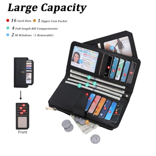 GAEKEAO Women Wallet RFID Blocking Leather Bifold Compact Card Holder Ladies Travel Wallet Purse, Large Capacity Wristlet - color: Z-black