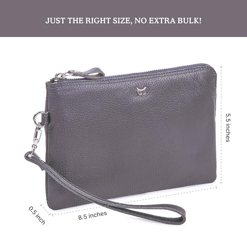 Leather Wristlet Wallet for Women Clutch Handbag Purse with Cell Phone Slot | Genuine Top Grain Leather, 8 Credit Card Slots, Detachable Strap, YKK Zipper, Gifts for Women - color: Dark Grey Nappa