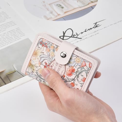 RNIEGA Card Holder for Women Small Womens Wallet Vegan Leather RFID Blocking Transparent Card Case with 22 Slots - color: White-Printed Flowers
