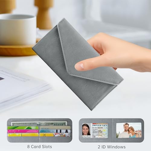 RFID Blocking Trifold Wallet for Women and Men, Vegan Leather Ultra Slim Envelope Style Multi-Card Holder with 2 ID Windows, Zippered Coin Pocket, Grey - color: Grey