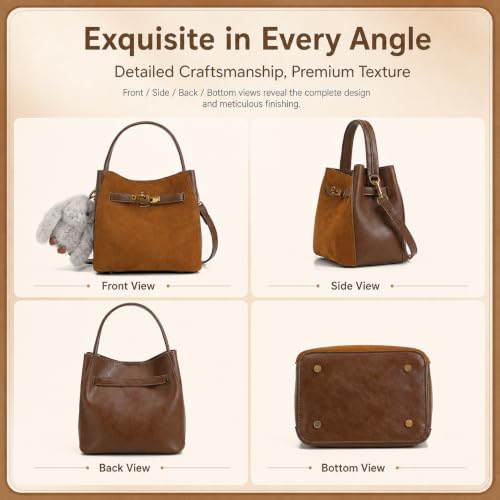 Ladies' wallet, light luxury bucket bag, lychee patterned handbag, high-end sense, one shoulder versatile crossbody bag - color: Suede Brown