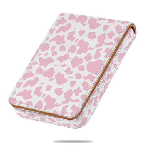 Business Card Holder, PU Leather Printing Business Card Case Pocket with Magnetic Shut, Portable Business Card Carrier Holder for Women or Men (Cow-Pink) - color: Cow-Pink
