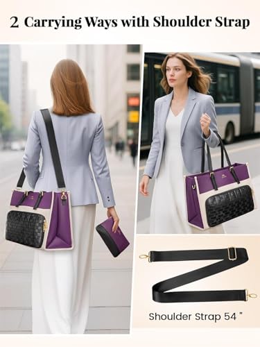 MATEIN Lunch Tote Bag, 15.6Inch Laptop Briefcase with Insulated Compartment | PU Leather Professional Computer Work Handbag with Purse, Large Capacity Office Tote for Nurse Teacher, Women Gifts, 2 Sets - color: Purple