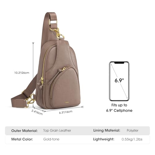 Kattee Sling Bag for Women, Leather Crossbody Bags for Travel, Khaki | Top grain pebbled cowhide leather fanny pack crossbody purse. Small chest bag with RFID blocking for travel. - color: Khaki