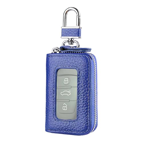 Car Key Fob Case, Remote Keys Storage Bag with Metal Hook & Transparent Window, Waterproof Leather Auto Key Fob Holder Keychain Zipper Bag for Women Men, Car Accessories (Royal Blue) - color: Royal Blue