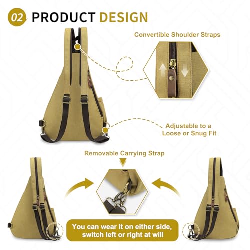 Canvas Sling Bag with Leather Zipper 3-in-1 Crossbody Backpack | Vintage Canvas Sling Bag for Women Men Convertible Cross Body Bag Multiple Zipper Pockets for Travel Daily Use - color: Khaki