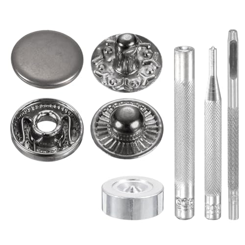 HARFINGTON 24Set Leather Snaps Fasteners Kit 10mm Dia Brass Press-Stud Cap Button 2.72" Length Metal Snap Buttons with 4 Install Tools for Coat Bag Leather Marine Boat Canvas, Gun - color: Gun