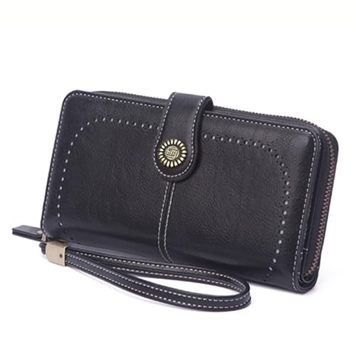 Women Leather Wallet Crossbody Shoulder Bag with Double Zipper and Mobile Phone Purse with Shoulder Strap - color: 665-black
