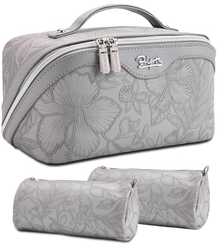 BOYATU Travel Makeup Bags Cosmetic Organizer Bag: 3-Set Make up Bag | Large Capacity PU Leather Toiletry Bags for Women - Wide Open Portable Pouch with Divider & Handle(16-Grey-2) - color: 16-Grey-2