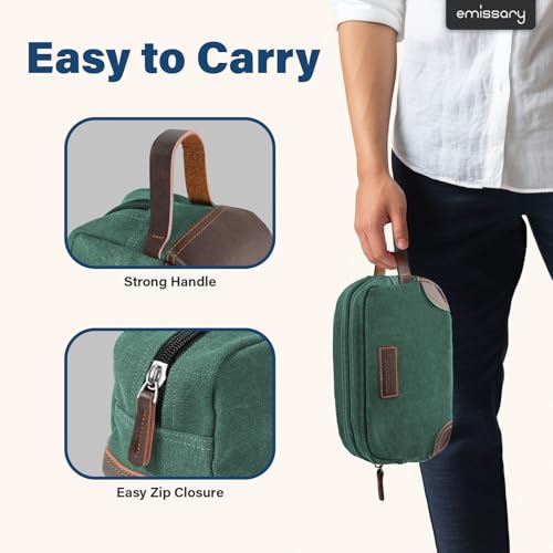 emissary Men's Toiletry Bag, Leather and Canvas Travel Toiletry Bag, Dopp Kit for Men, Travel Bathroom Bag Men's Shaving Kit, Travel Kit Small Bags for Men, Shaving Bag for Travel Accessories (Green) | Durable canvas & PU leather, water-resistant lining,