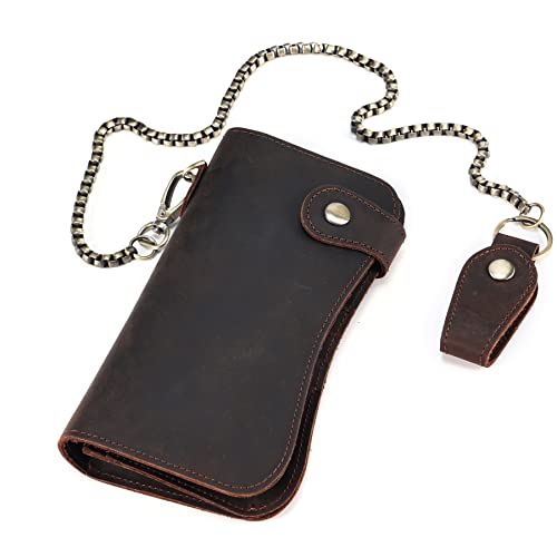 Vintage Brown Crazy Horse Leather Wallet for Men with Detachable Chain, RFID Blocking Biker Long Wallet Holds Phone, Cash & 14+ Cards, Retro Motorcycle Rfid Wallet - color: Coffee