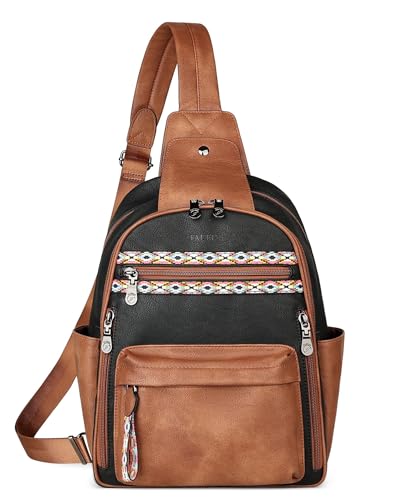 Large Sling Bag for Women, Designer 10L Leather Crossbody Purse | Anti Theft Sling Backpack, RFID Fanny Packs for Travel, Ideal for Vacation Walking Daily Errands - color: Retro Black With Brown