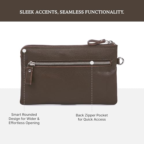 Leather Wristlet Wallet for Women Clutch Handbag Purse with Cell Phone Slot | Genuine Top Grain Leather, 8 Credit Card Slots, Detachable Strap, YKK Zipper, Gifts for Women - color: Brown Nappa