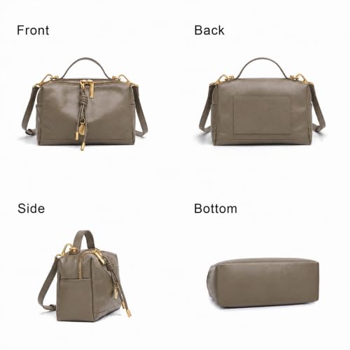 Genuine Leather Shoulder Bag for Women Small Top Handle Bag Crossbody Purse | Smooth Double Zipper Detachable Adjustable Strap Gold-Tone Hardware and Organized Three-Compartment Interior - color: Grey