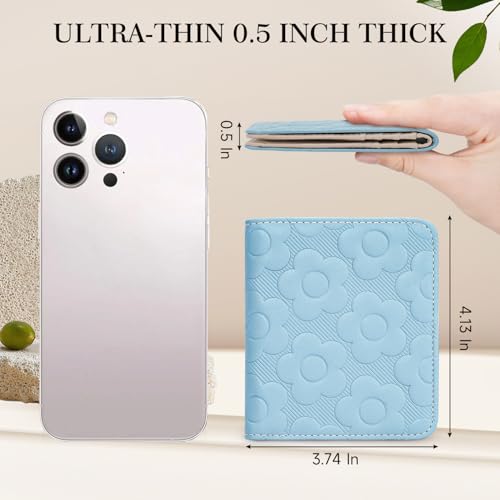 Small Wallet Women Slim RFID Leather Bifold Wallet Embossed Design | Compact design with ID window, card slots, and zipper coin pocket, ideal for daily travel, shopping, and gifts - color: 04-Blue