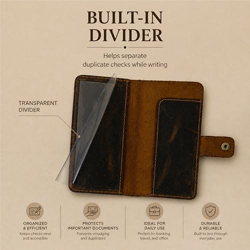 Genuine Brown Leather Checkbook Cover with Divider - Slim Bifold Check Book Wallet for Men & Women, Secure Snap Closure, Fits Standard US Checkbooks 3.5 x 7 Inch - color: Brown Leather Checkbook Cover