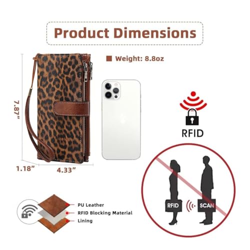 Women Leather Wallet Crossbody Shoulder Bag with Double Zipper and Mobile Phone Purse with Shoulder Strap - color: 355-leopard Print