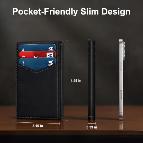Genuine Leather Slim Wallet for Men: Minimalist RFID Wallet Holds 15 Cards - color: Premium Genuine Leather Black
