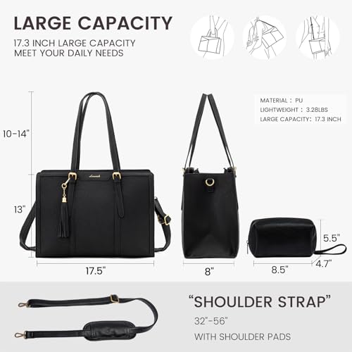 LOVEVOOK Laptop Bag for Women Vintage Leather Laptop Tote 17.3 inch Large Capacity Computer bag with Clutch Purse for Work - color: Black, size: 17.3 inch