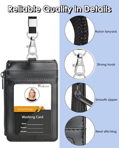 Teskyer Leather ID Badge Holder with Lanyard, Lanyard Wallet, Black (Pack of 2) - color: Black, size: 3.1" x 4.7" (Pack of 2)