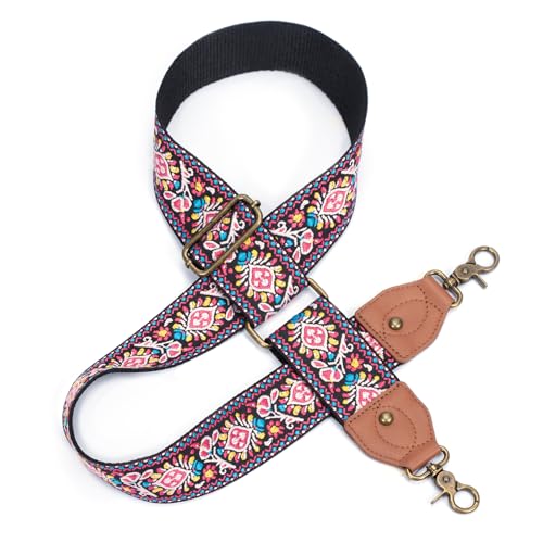 Purse Strap Replacement Crossbody Adjustable Bag Strap Retro Jacquard Embroidery Wide Shoulder Strap for Women Handbags - color: Pink Blue Flower