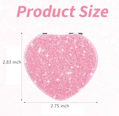 Cute Heart Shaped Compact Mirror for Women,Magnifying Travel Mirror with Glitter,Pink Small Pocket Mirror,Portable 2 x 1x Magnification Folding Makeup Mirror,Cosmetic Mirror for Gift - color: Pink-heart Shape