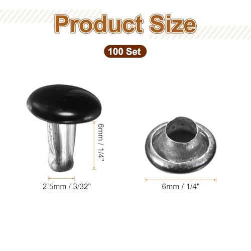 HARFINGTON 100 Sets Double Cap Leather Rivets, 6x6mm Round Cap Tubular Metal Studs Leather Crafting Rivets for Fabric Belt Pet Collar Boot Bag Repair and Decoration, Black - color: Black, size: 6x6mm