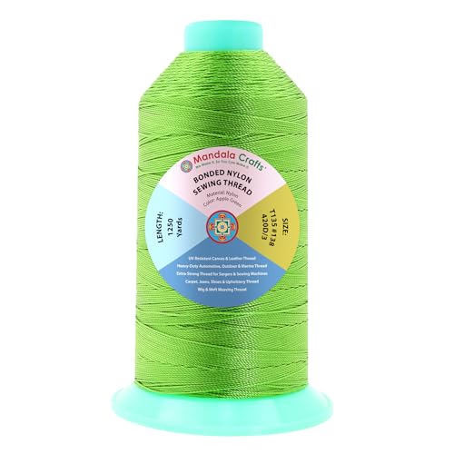 Mandala Crafts Size 138 420D T135 Apple Green Bonded Nylon Thread, 1250 YDs - color: Apple Green, size: T135 #138 420D/3 1250 Yards