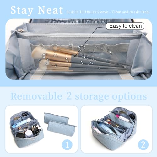BOYATU Travel Makeup Bag Cosmetic Bags for Women: 3 Pcs Set Make up Bag | Large Capacity Waterproof Vegan Leather Organizer Bags with Compartments - Lay flat Toiletry with Handle (L04 Light Blue) - color: L04 Light Blue