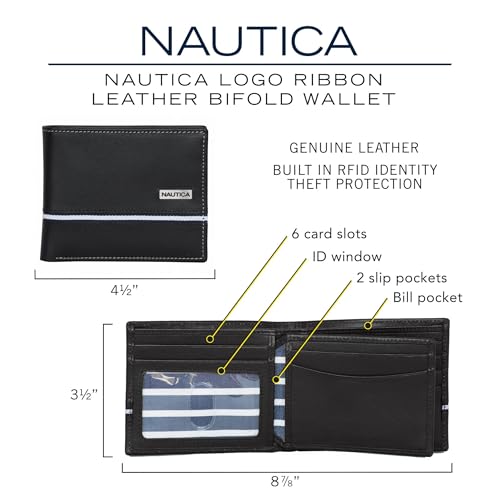 Nautica Men's Bifold Leather Wallet | RFID Blocking | ID Window | Card Slots | Organization | Durable | Stylish - color: Logo Ribbon - Black