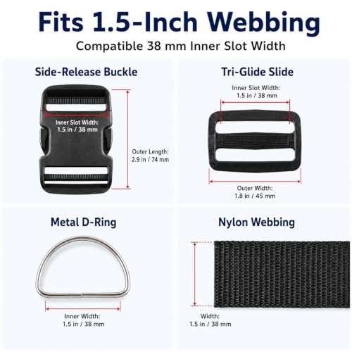 RNKP 1 1/2-Inch Buckle and Strap Kit, 12 Yards Nylon Webbing, D-Rings - size: 1 1/2" 12 Pcs Buckle Set