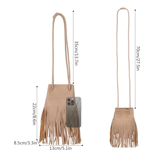 Women Mini Tassel PU Leather Crossbody Shoulder Bag Drawstring Bucket Bag | Small Fringe Cross body Bag Cell Phone Coin Purse Wallet - color: Khaki